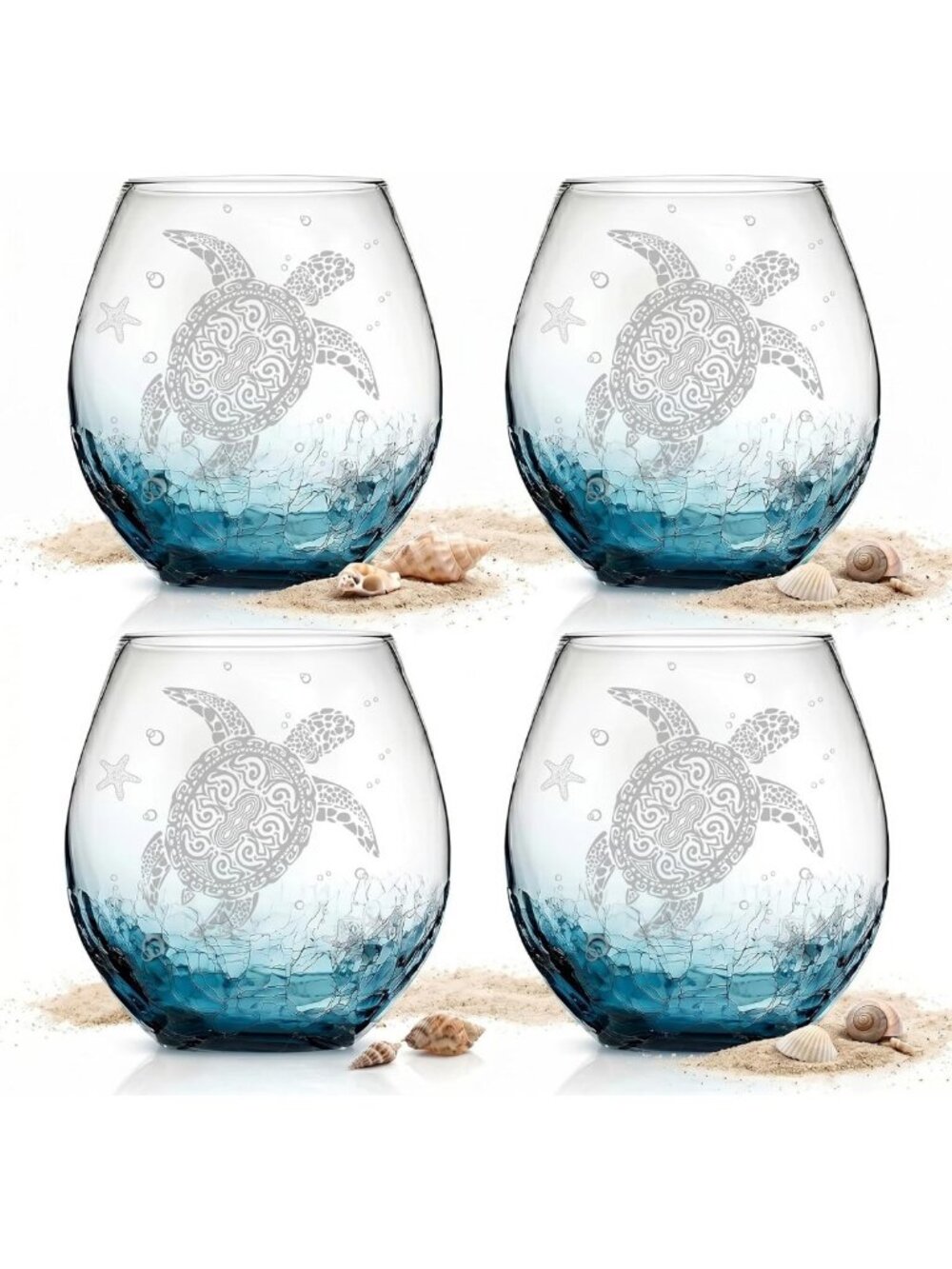 Set of 4 Hand Blown Sea Turtle Wine Glasses, 13.5 oz Stemless Tumblers for Ocean